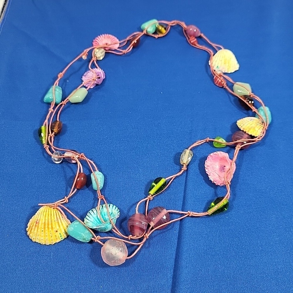 Oceanic Necklace Glass Beaded Seashells Long Drop‎ Wrap Boho Beach Eclectic